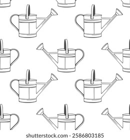 Pattern with garden watering cans, outline doodle drawing. Work in spring garden and vegetable garden, planting and watering. Spring vibe. On white background. Vector illustration