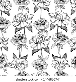 Pattern with garden, wildflowers peonies, roses and tulips. manual graphics with pencil, liner. Botanical summer flower, for the decor and design of textiles, vintage style. stock graphics