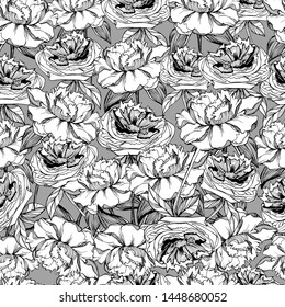 Pattern with garden, wildflowers peonies, roses and tulips. manual graphics with pencil, liner. Botanical summer flower, for the decor and design of textiles, vintage style. stock graphics