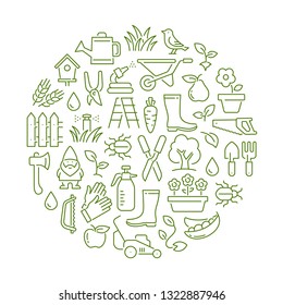 Pattern with gardening. Black and white thin line icons
