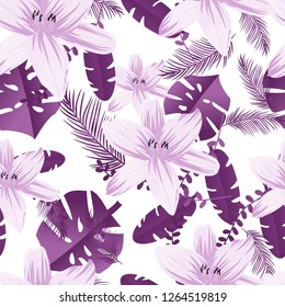 Pattern of gardening Lily monstera and Palm leafs. Flowers in the jungle
