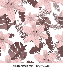 Pattern of gardening Lily monstera and Palm leafs. Flowers in the jungle