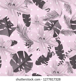 Pattern of gardening Lily monstera and Palm leafs. Flowers in the jungle