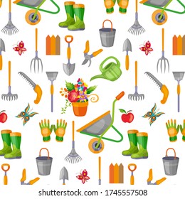 Pattern with gardening tools on white background. Backdrop with equipment for crops cultivation, agricultural work and growing plants.
