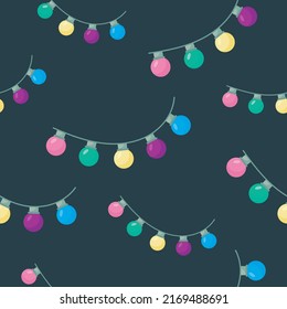 Pattern with garlands of multicolored light bulbs. Vector illustration. For posters, banners, printing on the pack, printing on clothes, fabric, wallpaper.