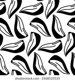 Pattern with garlic cloves. Chopped garlic pieces. Culinary seasonings and spices, hand-drawn. Seamless texture. black outline on white background. an illustration. Seasonings, spices, food additives