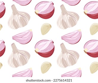 Pattern with garlic and onions. Spicy vegetables. Pattern with food. Seamless pattern in vector. Realistic image of vegetables. Isolated figures.