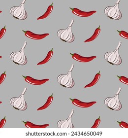 Pattern with garlic and pepper.Vector seamless pattern with garlic and hot red chili peppers on a gray background.