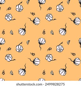 Pattern with garlic and spices on orange background. Vector illustration