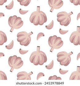 A pattern of garlic whole and in slices, showing the different sizes and orientation of garlic in a repetitive design. Spice. Use for packaging to show the taste. Seamless texture