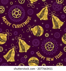 Pattern with gears, christmas balls, bells made of shiny brass, gold metal plates, gears, cogwheels, rivets in steampunk style on violet. Christmas background.