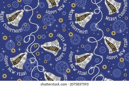 Pattern with gears and christmas bells made of shiny silver metal plates, gold gears, cogwheels, rivets in steampunk style. Light blue Christmas background.