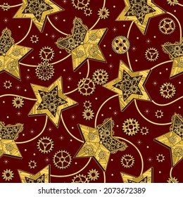 Pattern with gears, christmas stars made of shiny brass, gold metal plates, gears, cogwheels, rivets in steampunk style on red. Christmas background.