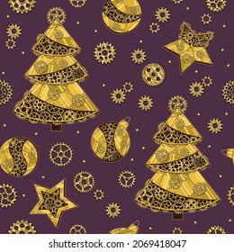 Pattern with gears and christmas tree, christmas balls made of shiny brass, gold metal plates, gears, cogwheels, rivets in steampunk style on violet. Christmas background.
