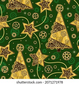 Pattern with gears, christmas tree, stars made of shiny brass, gold metal plates, gears, cogwheels, rivets in steampunk style on green. Christmas background.