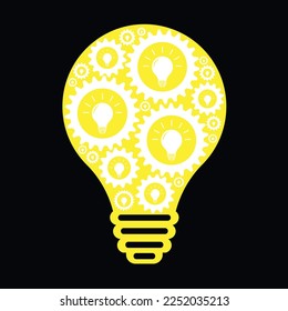 Zahnradmuster auf dem Hintergrund einer gelben Lampe. Flache Vektorgrafik. Innovation und Teamarbeit im Unternehmen. Kreatives, helles Konzept für Brainstorming. Suche nach Lösungen, Innovation.