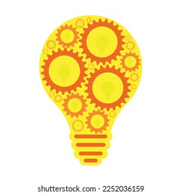 Pattern of gears on the background of a yellow lamp. Flat vector illustration. Innovation and teamwork in company. Creative bright idea brainstorming concept. Searching for solutions, innovation.
