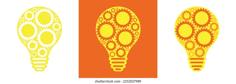 Zahnradmuster auf dem Hintergrund einer gelben Lampe. Flache Vektorgrafik. Innovation und Teamarbeit im Unternehmen. Kreatives, helles Konzept für Brainstorming. Suche nach Lösungen, Innovation.