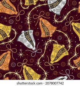 Pattern with gears, sparkler, christmas bells made of shiny silver, copper, gold metal plates, gears, cogwheels, rivets in steampunk style on red. Christmas background.