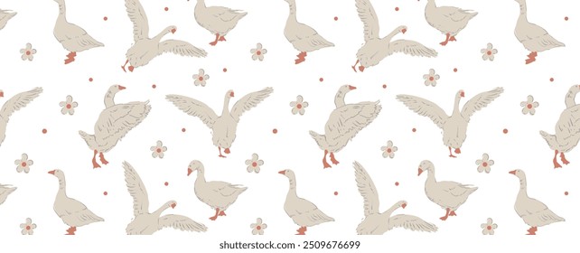 Pattern of Geese, dot and flowers for pajamas or cozy home clothes. Seamless decorative background with birds and fruits. Vector wallpaper for fabric, wrapping paper.