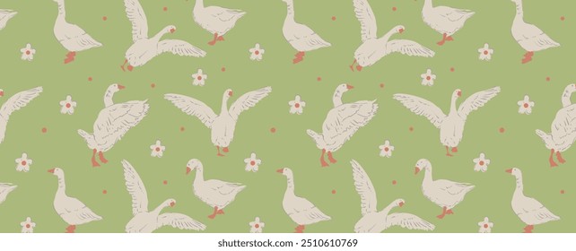 Pattern of Geese, dot and flowers for pajamas or cozy home clothes. Seamless decorative background with birds and fruits. Vector wallpaper for fabric, wrapping paper.