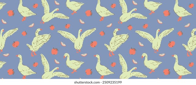 Patrón de gansos y manzanas rojas para pijamas o ropa de casa acogedora. Fondo decorativo sin fisuras con pájaros y frutas. Fondo de pantalla de Vector para la tela, papel de embalaje.