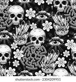 Muster mit Edelsteinen, menschlichem Schädel, Kristallen, alle sehen Auge, Labyrinth. Konzept des heiligen Geistes, des Zaubergeists, des erweiterten Geistes. Psychedelische surreale Illustration. Gut für Groovy, Hippie, mystischer Stil