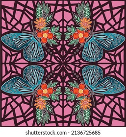Patrón de mariposas suaves en un fondo oscuro con patrones geométricos rosados
