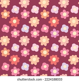 Pattern with gentle simple hand drawn flowers in row on dark pink background. Vector tender cartoon ditsy background. Naive pastel floral texture for childrens fabrics and wallpapers