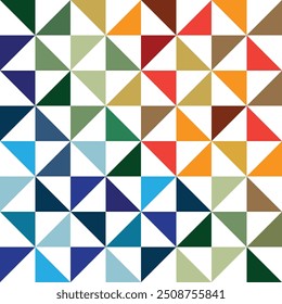 Pattern geometric design composed of small triangles in a grid. The use of various shades of blue, green, orange, and red and dynamic look, reminiscent of traditional quilting patterns and motifs.