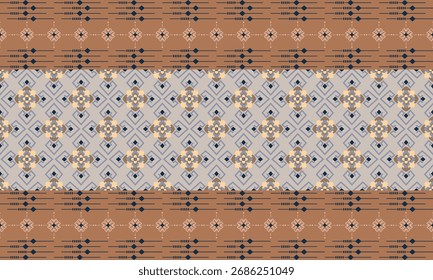 Patrón de diseños geométricos con flores de color tierra sobre fondo de color marrón y tierra, diseño para tela o varios trabajos de impresión de patrones.
