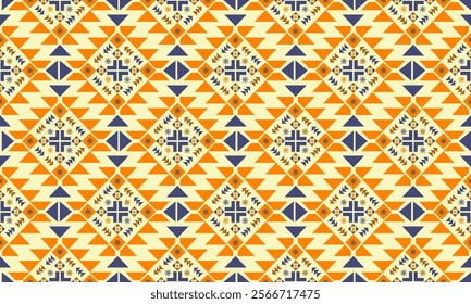 pattern geometric designs with orange and blue on light yellow background , design for fabric or various pattern printing works.