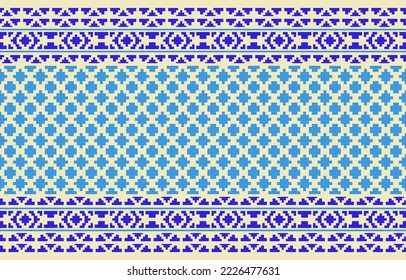 Pattern with geometric elements color blue and yellow. Vector seamless fabric home or wallpaper design. Design perfect for textile, wallpaper, clothing, wrapping, batik, illustration, embroidery style