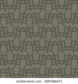 Pattern with geometric elements, a kind of meanders, built of slightly curved broken lines, among various tiny signs or shapes. Decorative background in gray tones.