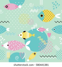 patrón con peces geométricos al estilo memphis