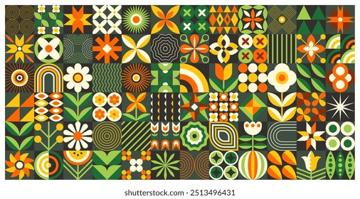 Pattern geometric flower. Abstract nature, vintage leaf. Floral poster bauhaus style, beauty, retro garden. Farm agriculture summer, spring, autumn mosaic. Vector botanical contemporary ornament