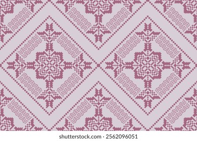 Pattern geometric flower in diamond border shape with soft pink. Ethnic seamless pattern of pink flower. Pastel, abstract, pixel art, modern, classic and traditional concept for fabric design, decor.