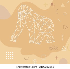 Pattern with geometric gorilla in low polygonal style and Memphis elements. Template for notebook cover, brochure, poster, banner. Modern abstract cover. Stock vector illustration.