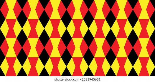 The pattern is geometric of interlocking rhombuses and smaller triangles in bold, contrasting colors: red, black and yellow. The style patterns are simple, graphic, and potentially reminiscent of trad