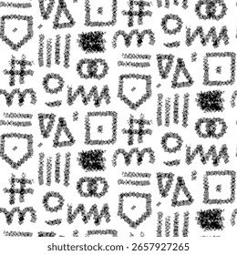 Pattern geometric lines and elements with thin strokes. Heart, arrow, rectangle, square, circle, triangle. Print with noise, ink print, ink brush, dry brush. Multi-layered lines. Group of lines