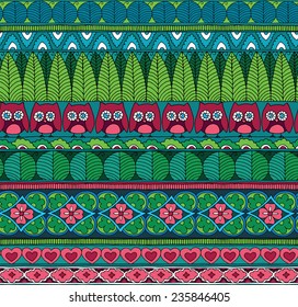 Pattern Geometric Ornament Forest Owl Flower Green Pink