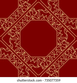 pattern from geometric ornament with lace element for the Print Textile Product. Vector illustration. Decorative curb treatment. Red, gold color