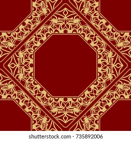 pattern from geometric ornament with lace element for the Print Textile Product. Vector illustration. Decorative curb treatment. Red, gold color