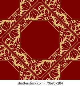 pattern from geometric ornament with lace element for the Print Textile Product. Vector illustration. Decorative curb treatment. Red, gold color