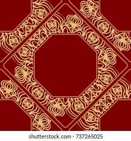 pattern from geometric ornament with lace element for the Print Textile Product. Vector illustration. Decorative curb treatment. Red, gold color