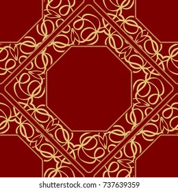 pattern from geometric ornament with lace element for the Print Textile Product. Vector illustration. Decorative curb treatment. Red, gold color