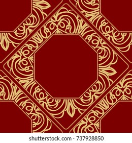 pattern from geometric ornament with lace element for the Print Textile Product. Vector illustration. Decorative curb treatment. Red, gold color