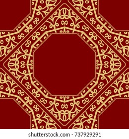 pattern from geometric ornament with lace element for the Print Textile Product. Vector illustration. Decorative curb treatment. Red, gold color