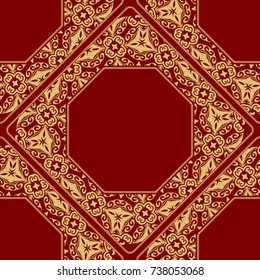 pattern from geometric ornament with lace element for the Print Textile Product. Vector illustration. Decorative curb treatment. Red, gold color