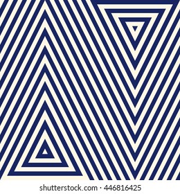 Pattern with geometric ornament. Striped navy blue abstract background. Repeated triangles wallpaper. Vector illustration